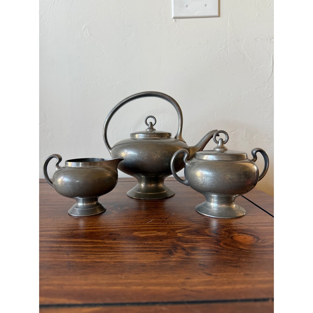 Vintage Insico Pewter Tea Set 508 Teapot Sugar Bowl Creamer 3 Piece Set